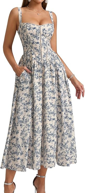 KUTUMAI Floral Corset Midi Dress Flowy Slit Summer Spring Wedding Guest Dresses for Women Sundres... | Amazon (US)