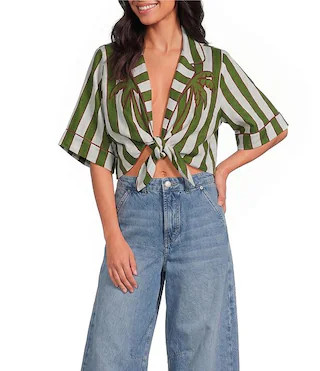 Farm Rio Spring Stripes Palm Placement Print V-Neck Short Sleeve Tie Front Linen Crop Top | Dilla... | Dillard's
