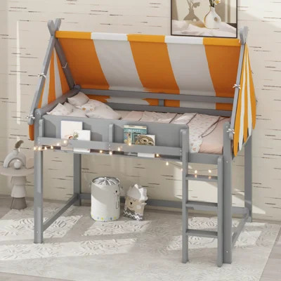 House Loft Bed With Canopy, LED Lights & Bookshelves, Wood Loft Bed With Tent & Storage Shelves | Wayfair North America