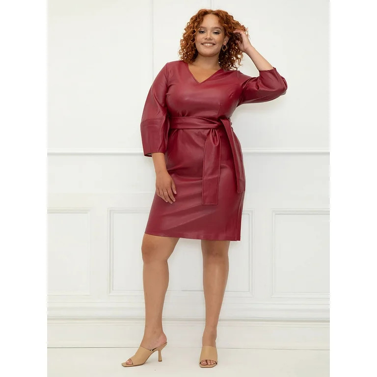 ELOQUII Elements Women's Plus Size Lantern Sleeve Faux Leather Dress - Walmart.com | Walmart (US)