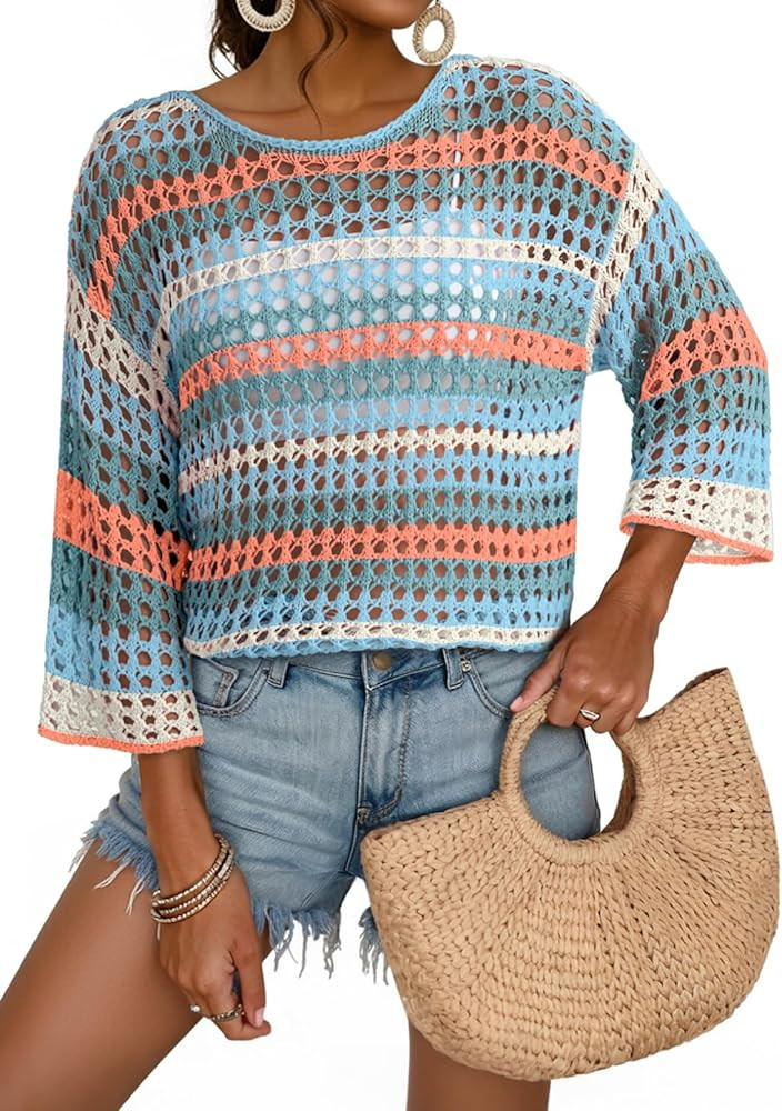 Womens Spring Summer 3/4 Sleeve Crochet Sweater Hollow Out Color Block Striped Tops Casual Beach ... | Amazon (US)