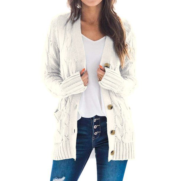 Dokotoo Womens White Solid Color Open Front Long Sleeve Cardigan Sweater Top Cable Knit Pocket Ou... | Walmart (US)