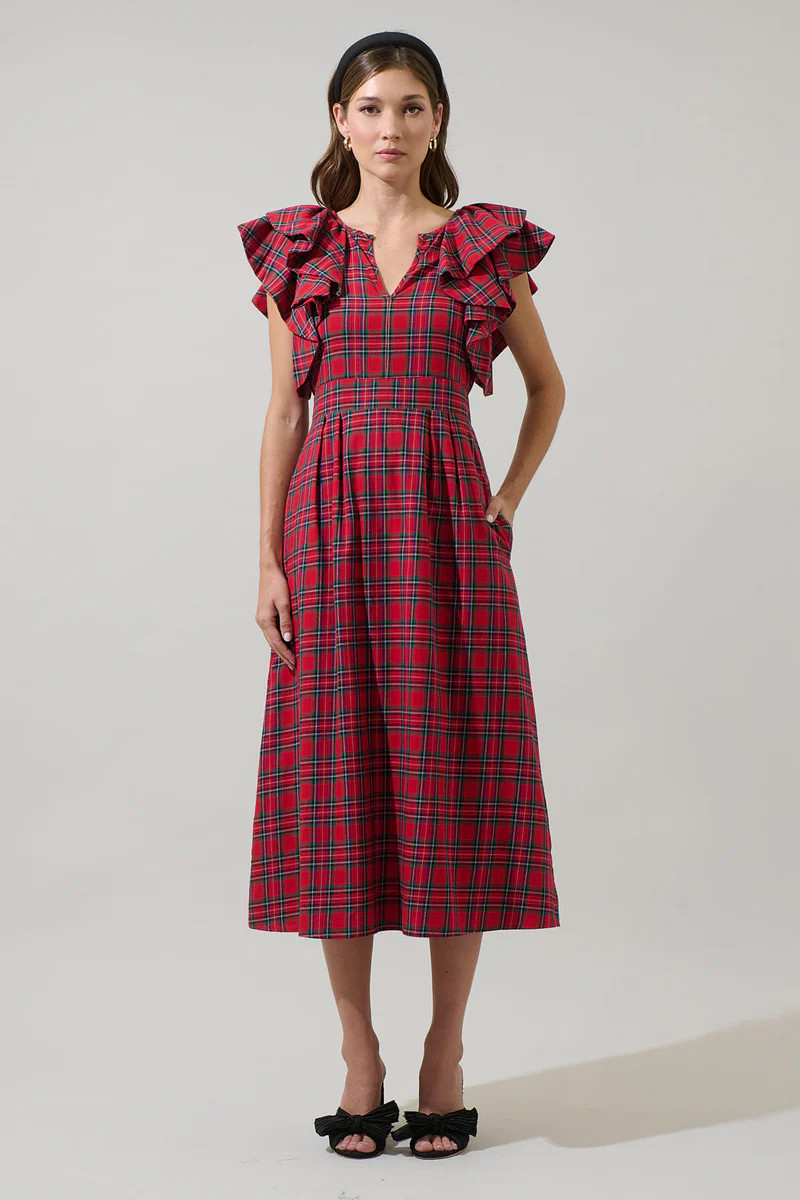 Arvada Plaid Santana Tie Back Midi Dress | Sugarlips