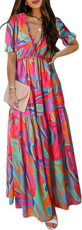 BLENCOT Womens Casual Short Sleeve Boho Floral Printed V Neck Long Dress Ruched Cocktail Party Ma... | Amazon (US)