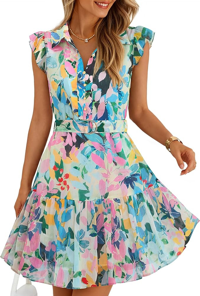 ZESICA Womens Summer Boho Floral Mini Dress 2026 Flutter Short Sleeve Button Chiffon A Line Beach... | Amazon (US)