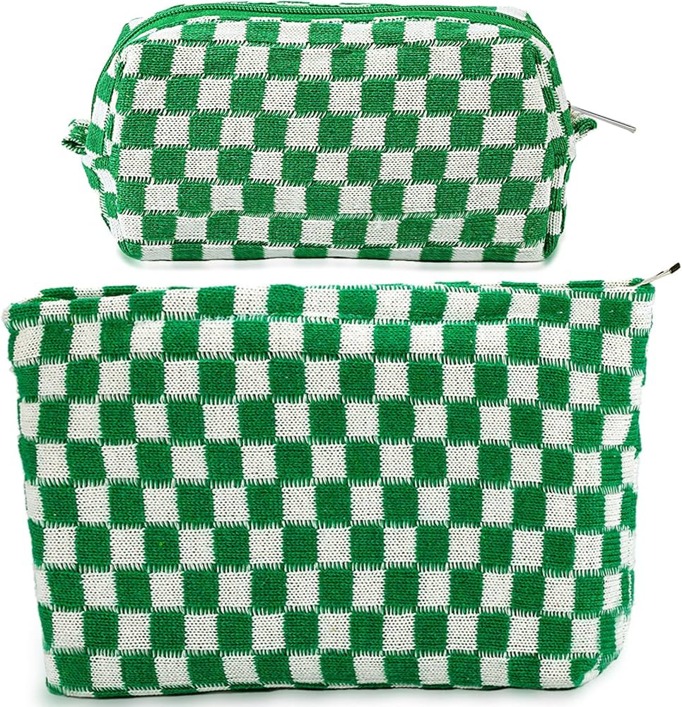 ZLFSRQ 2Pcs Checkered Makeup Bag for Women Large Small Checkered Cosmetic Bag Set Aesthetic Prepp... | Amazon (US)