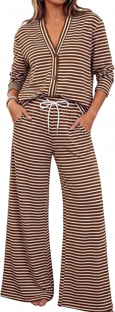 Fisoew Womens 2 Piece Lounge Set Striped Cardigan Pant Sets Travel Outfits | Amazon (US)