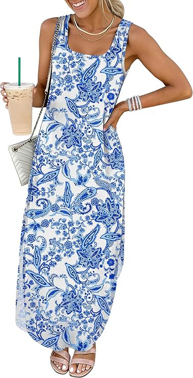 ANRABESS Women Summer Casual Sleeveless Square Neck Beach Maxi Dress 2026 Trendy Loose Fit Split ... | Amazon (US)