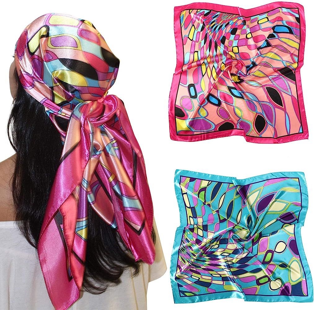 AWAYTR 35” Large Satin Square Head Scarf - 2Pcs Silk Like Floral Head Scarves Square Satin Hair... | Amazon (US)