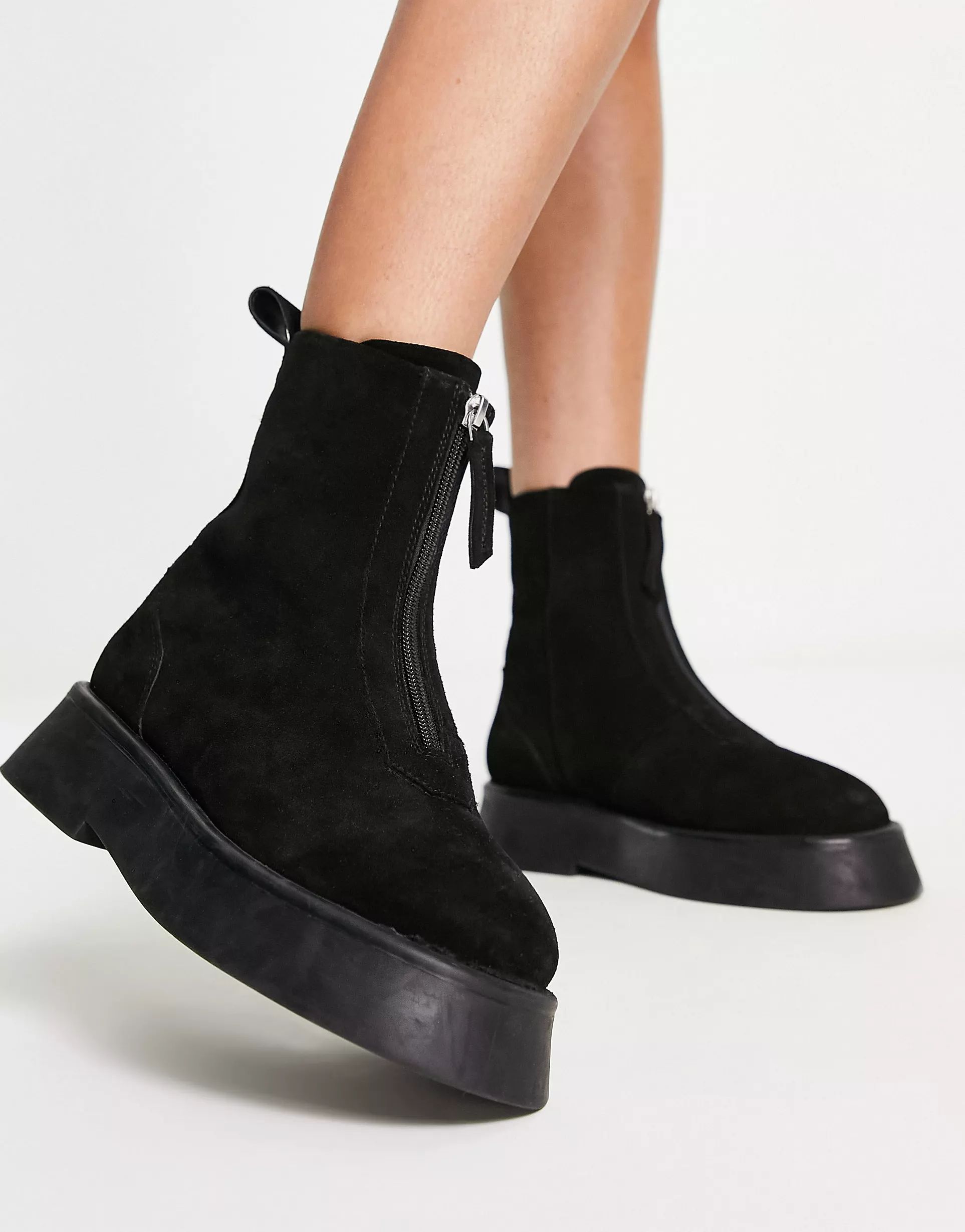 ASOS DESIGN Atlantis leather zip front boots in black suede | ASOS (Global)
