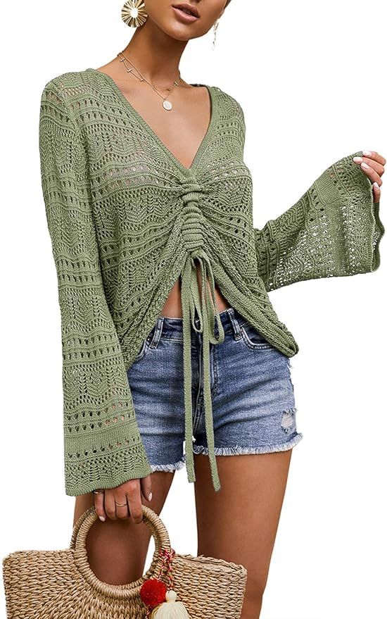 Saodimallsu Womens Boho Off Shoulder Sheer Crop Tops Bell Sleeve Flowy Oversized Crochet Ruched P... | Amazon (US)