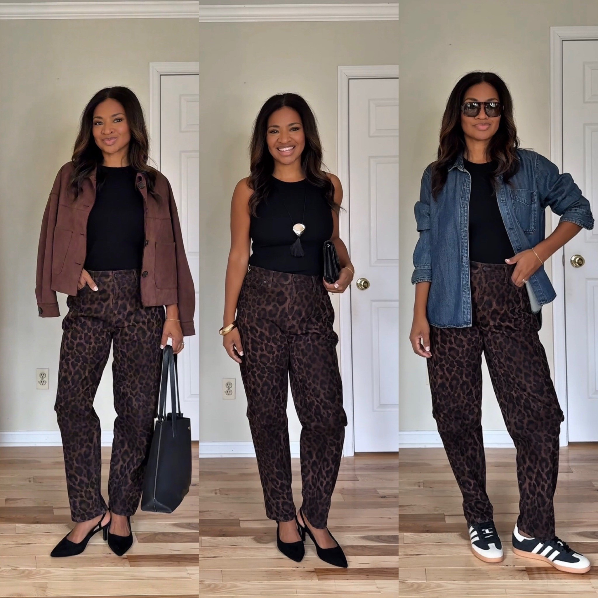 Leopard print jeans: Size small / 4
Black top: Small
Brown jacket: Medium
Denim shirt: Small
Heels: Size 9
Adidas Sambas: Size 8.5 (size down ½ size)
