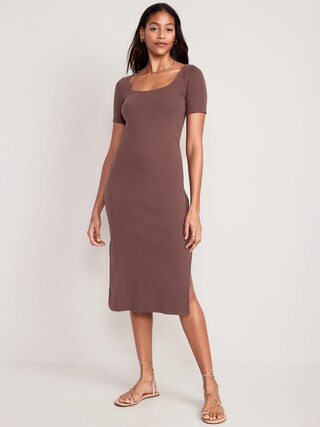 Fitted Rib-Knit Scoop-Neck Midi Dress for Women | Old Navy (US)
