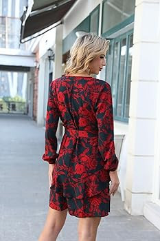 UGUEST Women Long Sleeve V Neck Dress, Floral Mini Cocktail Party Wedding Guest Dress with Belt | Amazon (US)