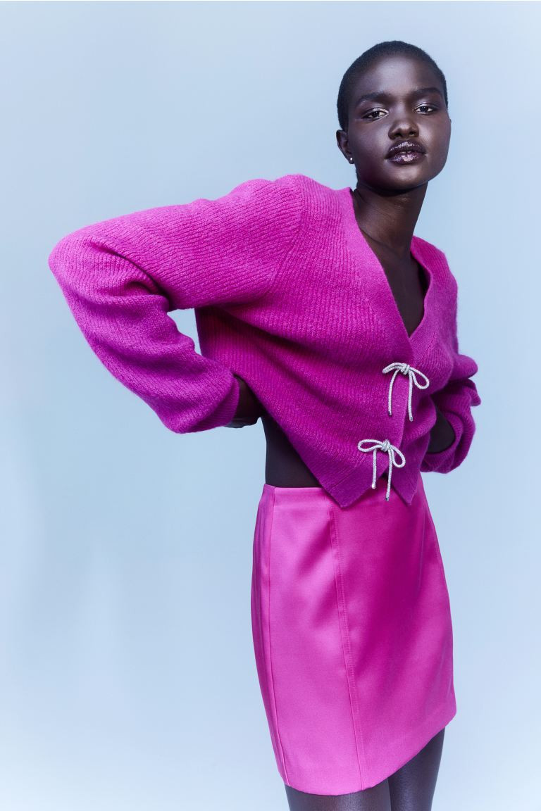 Rhinestone-bow Rib-knit Cardigan | Hot Pink Cardigan Sweaters | Winter Cardigan Outfit | H&M (US + CA)