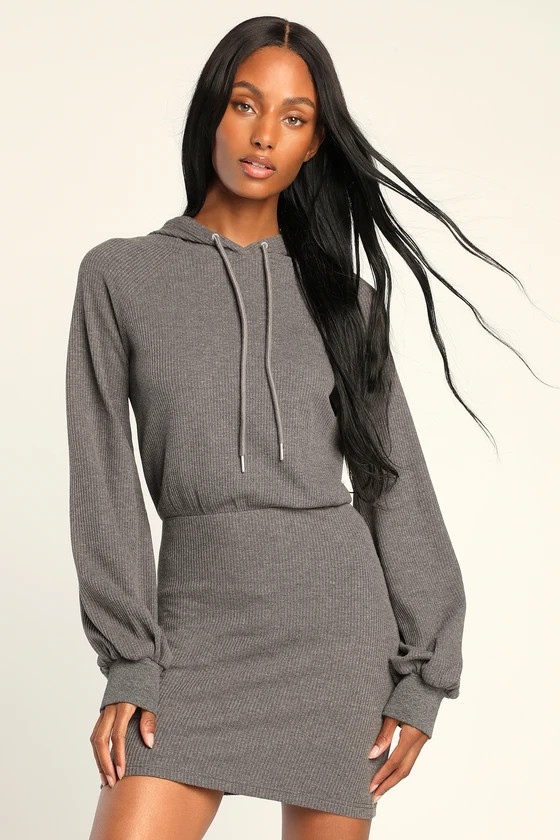 Upbeat Energy Heather Grey Waffle Knit Hooded Sweatshirt Dress | Lulus (US)