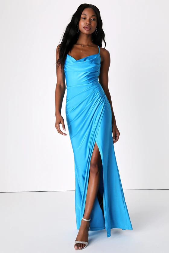 Attention Seeker Bright Blue Cowl Neck Maxi Dress | Lulus