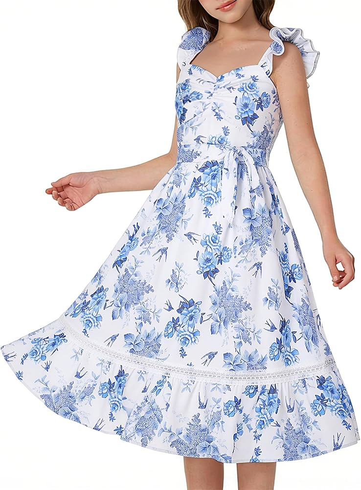 GRACE KARIN Girls Floral Spring Summer Dresses 7-14 Easter Flower Girl Maxi Dress Party, Flutter ... | Amazon (US)
