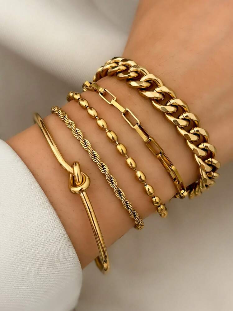 Aomogo 5pcs/Set Gold-Plated Stainless Steel Women's Chain Bracelet, Can Be Detached And Worn Individually, Stylish And High-End, Suitable As A Gift For Her | SHEIN