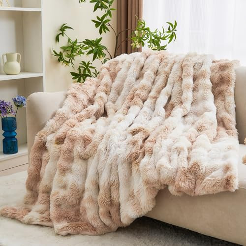 RYNGHIPY Faux Rabbit Fur Bed Throws Fluffy Warm Throw Blanket for Sofa Couch Soft Plush Decorative Blanket Thick and Heavy Cute Bubble Furry Blanket (Light Tan, 63''x79'') | Amazon (US)
