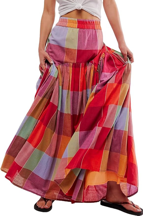 Women's Multicolour Plaid Print Ruched High Waist Casual Maxi Skirt | Amazon (US)