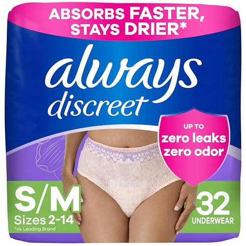 Always Discreet Adult Diapers for Women, Incontinence Underwear, Postpartum Essentials, Disposable Briefs, Max Absorbency, Bladder Leak Protection, Small/Medium, 32ct | Amazon (US)