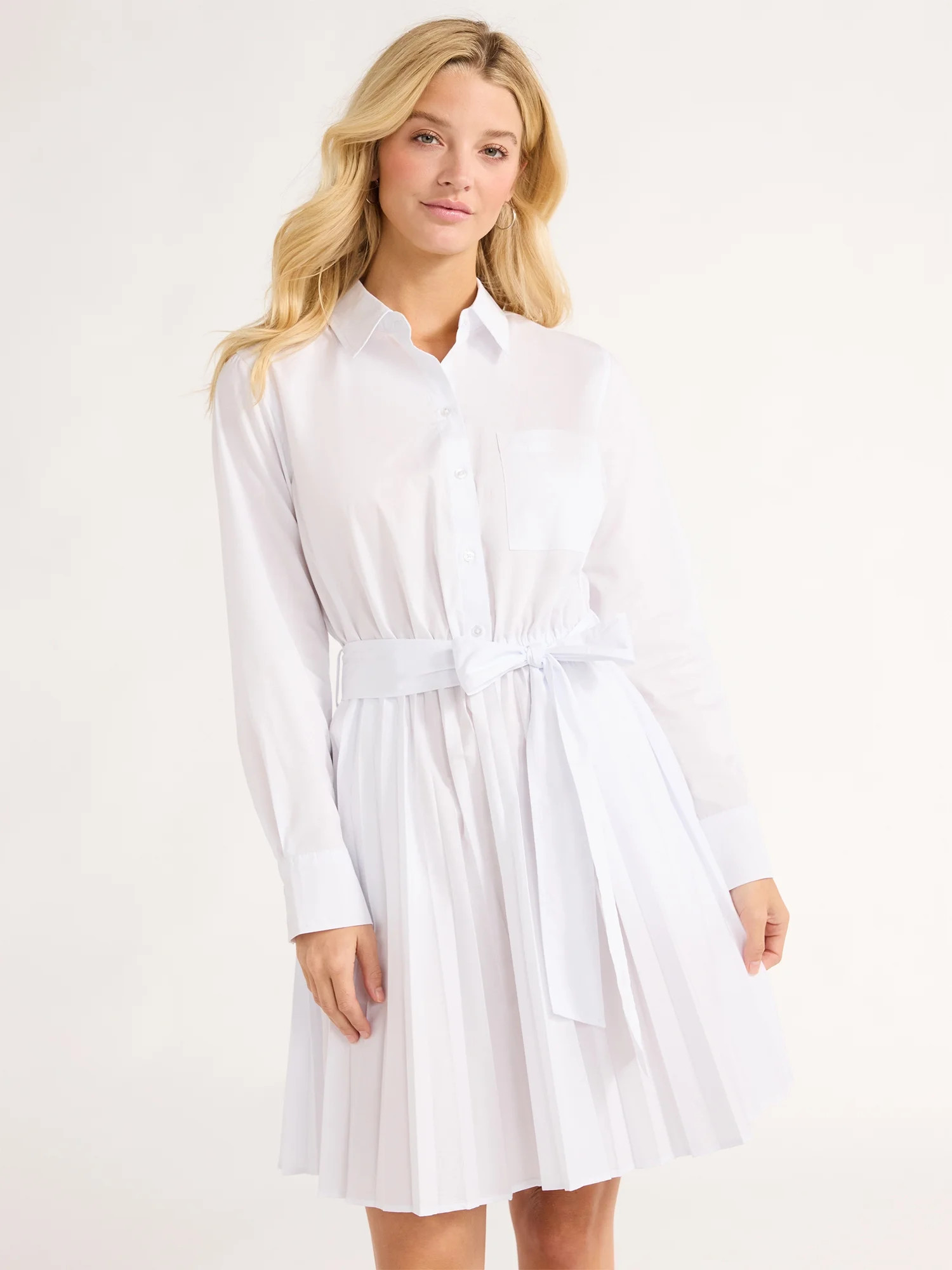 Free Assembly Women’s Pleated Mini Shirtdress with Long Sleeves, Size XS-XXL | Walmart (US)