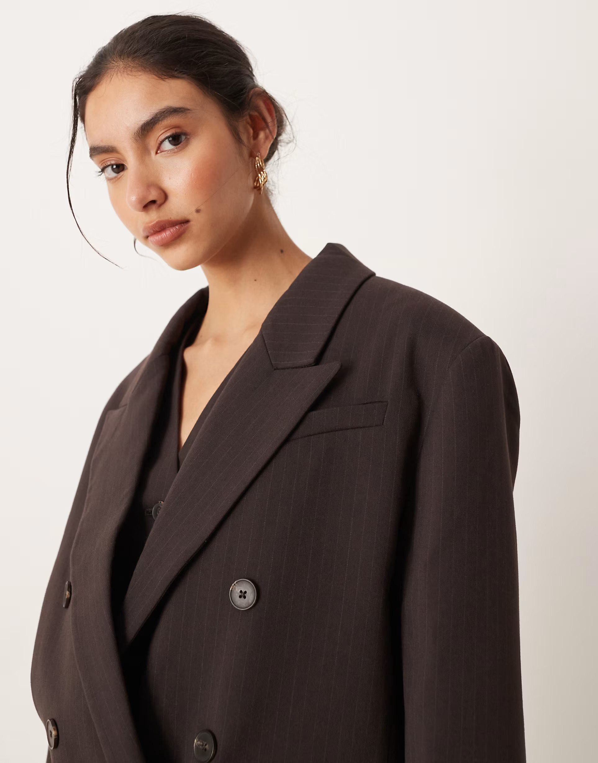 ASOS DESIGN tailored double breasted power shoulder blazer in chocolate pinstripe | ASOS | ASOS (Global)