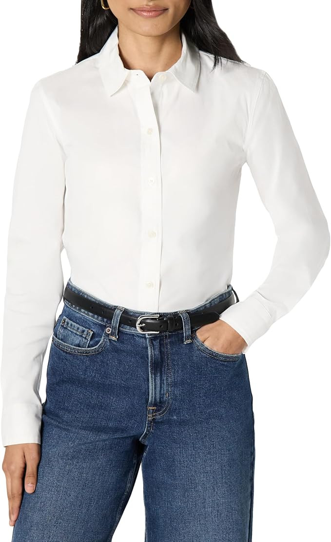 Amazon Essentials Women's Slim-Fit Stretch Poplin Button-Up Dress Shirt | Amazon (US)