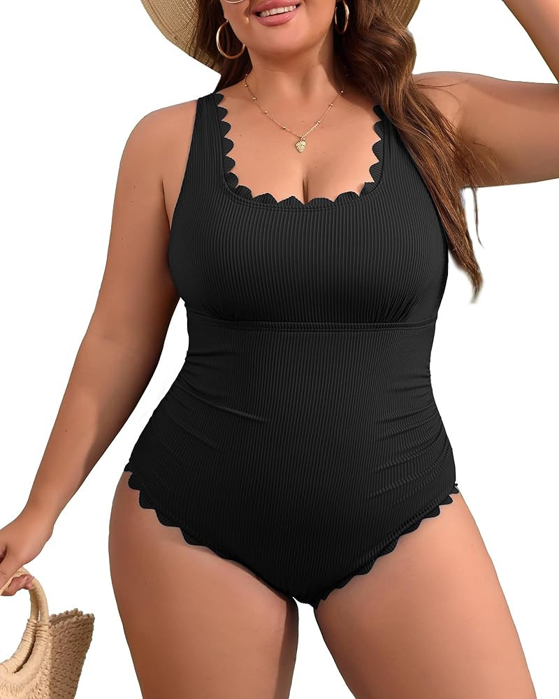 Charmo Plus Size Swimsuit for Women 2025 Tummy Control Scalloped Ribbed One Piece Swimsuits Ruche... | Amazon (US)