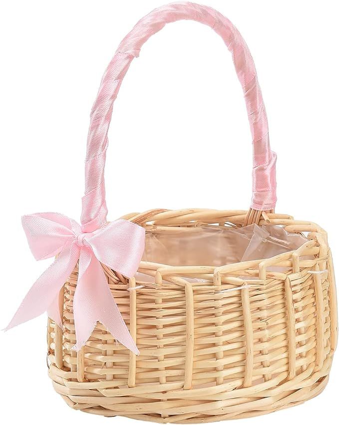 Wicker Rattan Flower Basket, Woven Handmade Basket Flower Basket Wedding Flower Girl Baskets with... | Amazon (US)