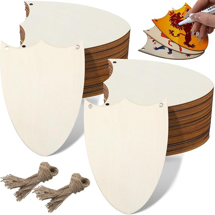 Suzile 48 Pcs Wood Shield Bulk Decorate Shield Cutout Crafts Set Unfinished Wooden Gift Tags Knig... | Amazon (US)