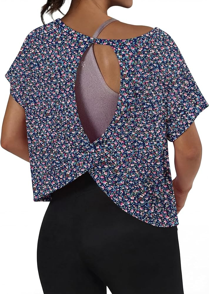 GRECERELLE Women's Open Back Workout Tops Backless Athletic Shirts Casual Crop Running Tee Y2k Yo... | Amazon (US)