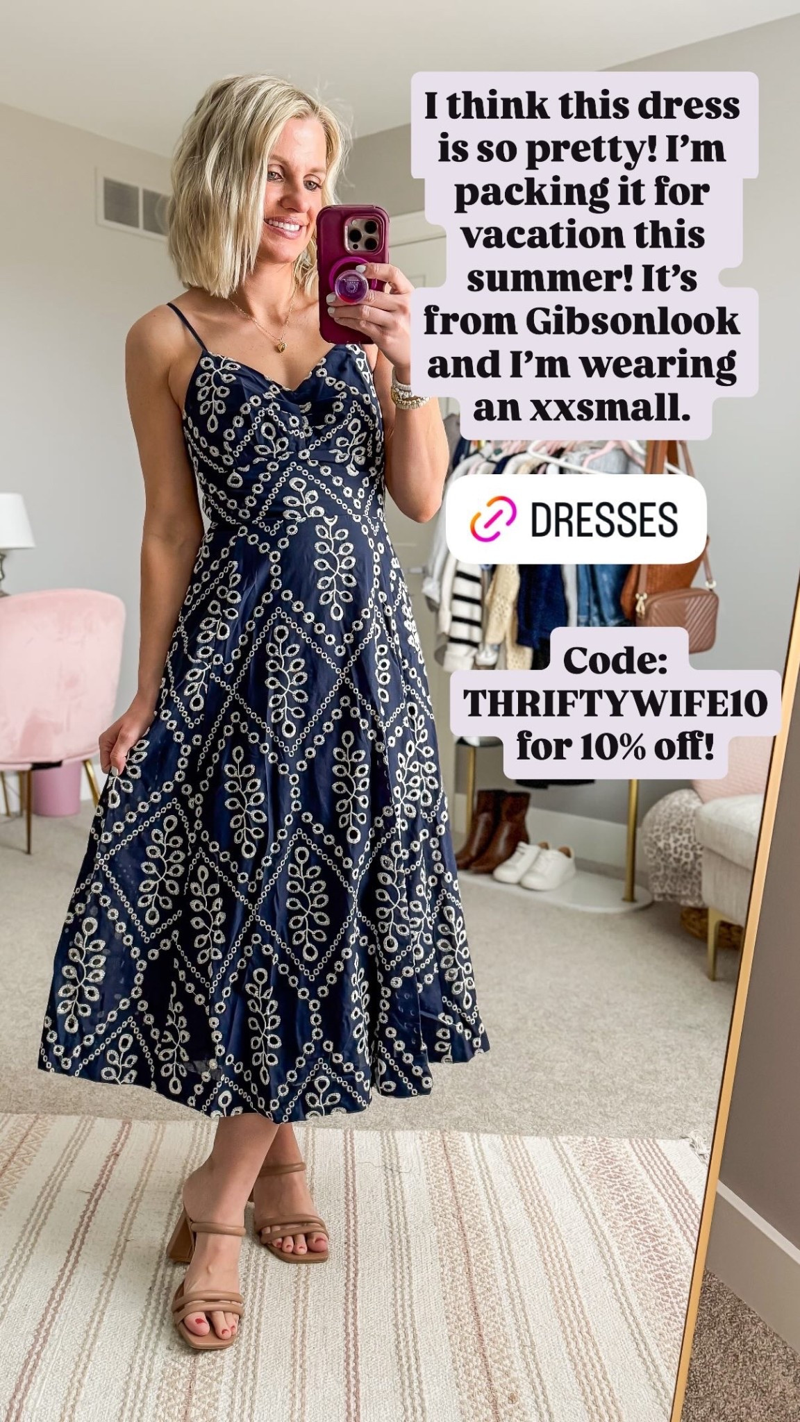 I think this dress is so pretty! I’m packing it for vacation this summer! It’s from Gibsonlook and I’m wearing an xxsmall.  Code: THRIFTYWIFE10
for 10% off!
