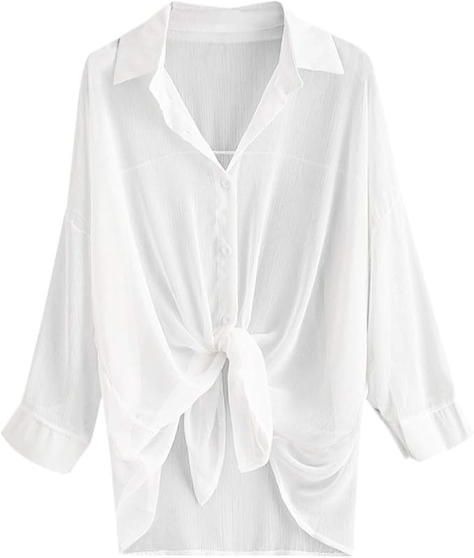 ZAFUL Womens Tie Hem Crop Top Cover Up Semi Sheer Shrug Blouse | Amazon (US)