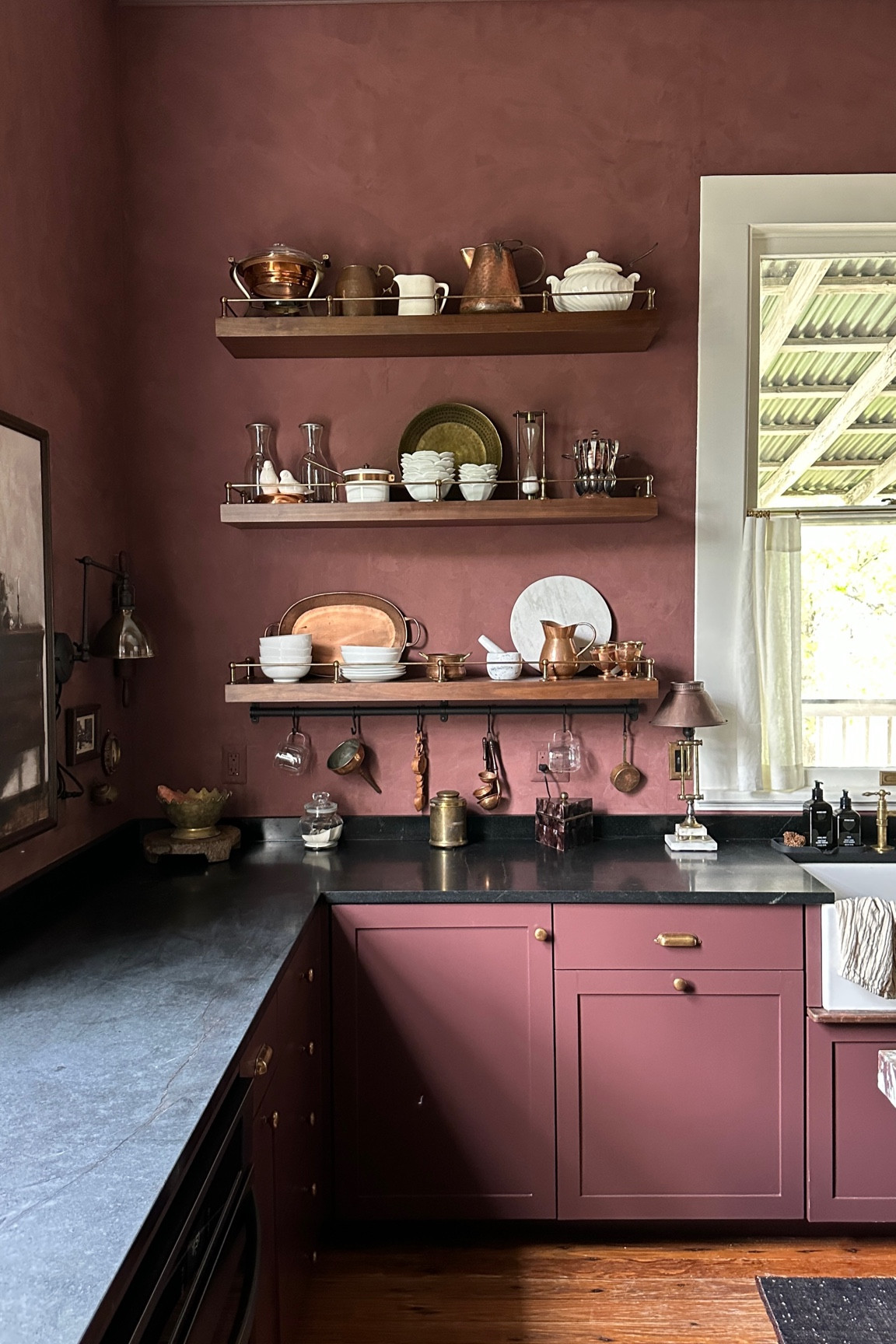 Open walnut shelving with unlacquered brass gallery rails in my new moody, vintage-inspired kitchen ♥️

#LTKHome