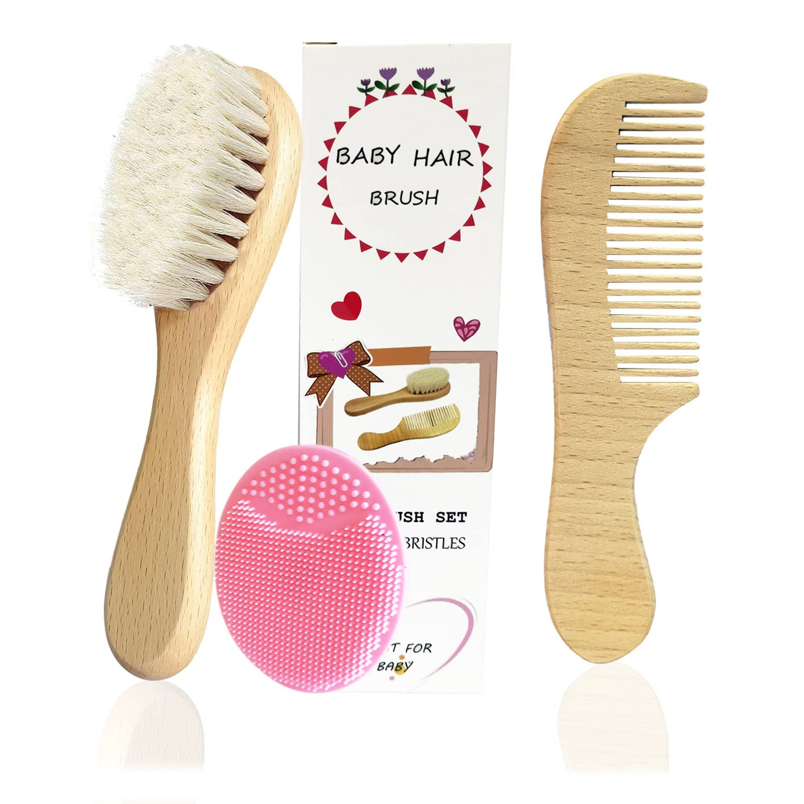 Mocarheri 3 Piece Baby Hair Brush & Comb Set, Goat Bristles Brush and Silicone Hair Massage Brush... | Amazon (UK)
