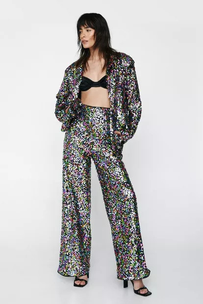 Rainbow Sequin Wide Leg Pants | Nasty Gal (US)