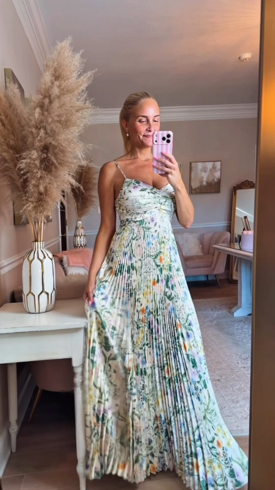 The prettiest satin pleated maxi dress. Perfect for a summer wedding or summer garden party. I'm wearing a size small. If it's sold out, don't worry it will probably come back in stock soon! 

Use code LOVINGLIFE35 for 35% off! 😘

#LTKdayinmylife #LTKgrwm #LTKootd