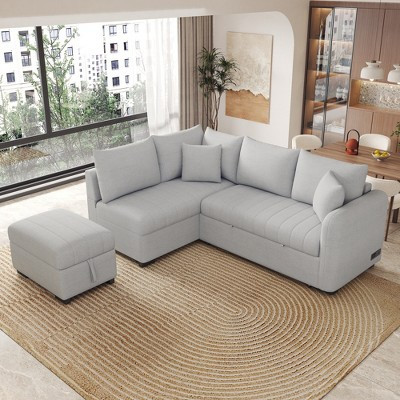 82.6" L-shaped Sectional Sofa Set with a Pull Out Sofa Bed, Two USB Ports, Two Power Sockets and a Movable Storage Ottoman, Grey, 4A -ModernLuxe | Target