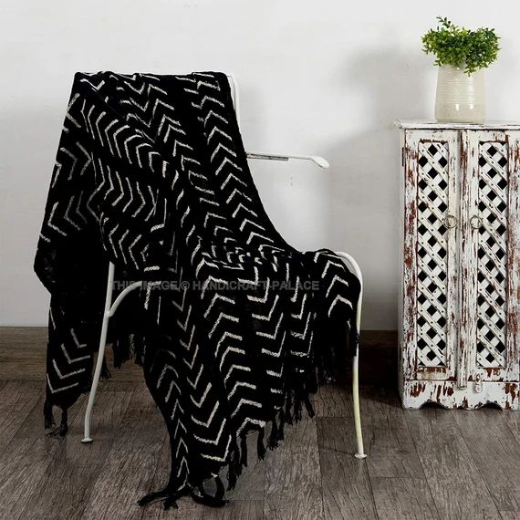 Mudcloth Throw Blankets for Sofas Black & White Hand Loom Hand Block Printed Bed Runner Boho Cott... | Etsy (US)