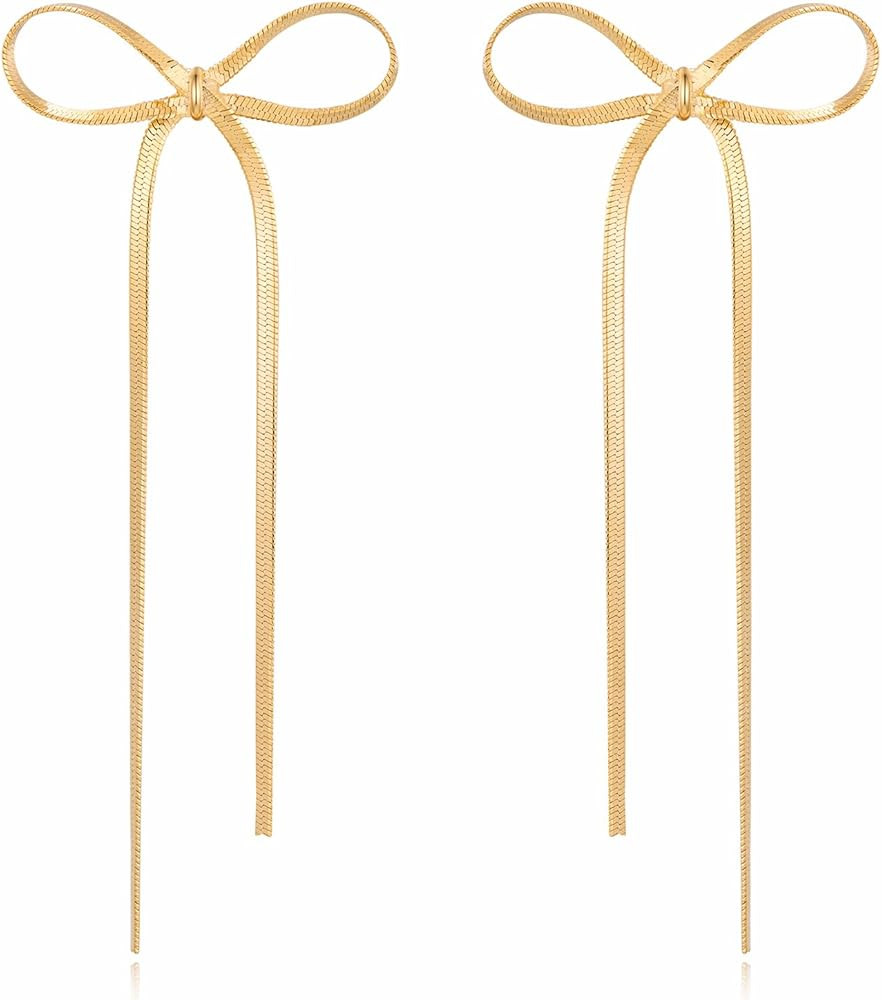 Gold Silver Bow Drop Earrings for Women Long Tassel Chain Bow Earrings Ribbon Bowknot Dangle Earr... | Amazon (US)