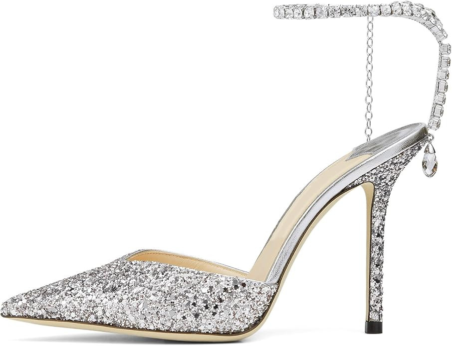 BlingQueen Women's Heeled Sandals Crystal Chain Rhinestone Embellished Strap Pumps Pointy Stilett... | Amazon (CA)