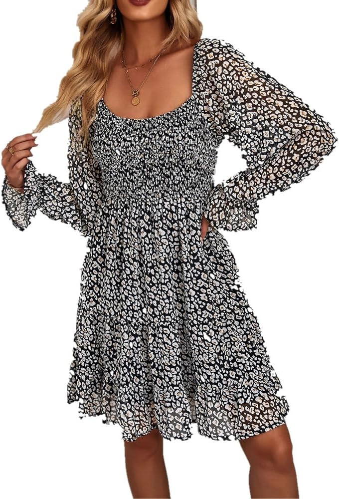 Women Off Shoulder Elastic Neck Long Sleeve Dress Bohemian Floral Print A-Line Dress Vintage Eleg... | Amazon (US)