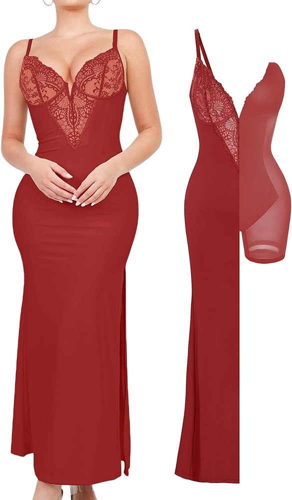 Popilush Maxi Dresses for Women Deep V Neck Shapewear Lace Satin high Slit Bodycon Cocktail Dress... | Amazon (US)