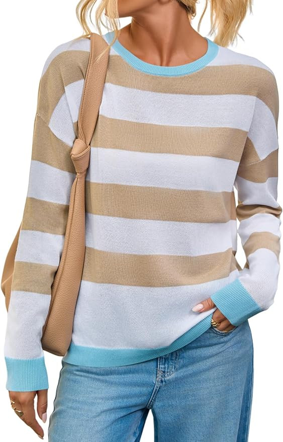 Yousify Womens Long Sleeve Color Block Shirts Casual Loose Fit Striped Tops Knit Lightweight Pull... | Amazon (US)
