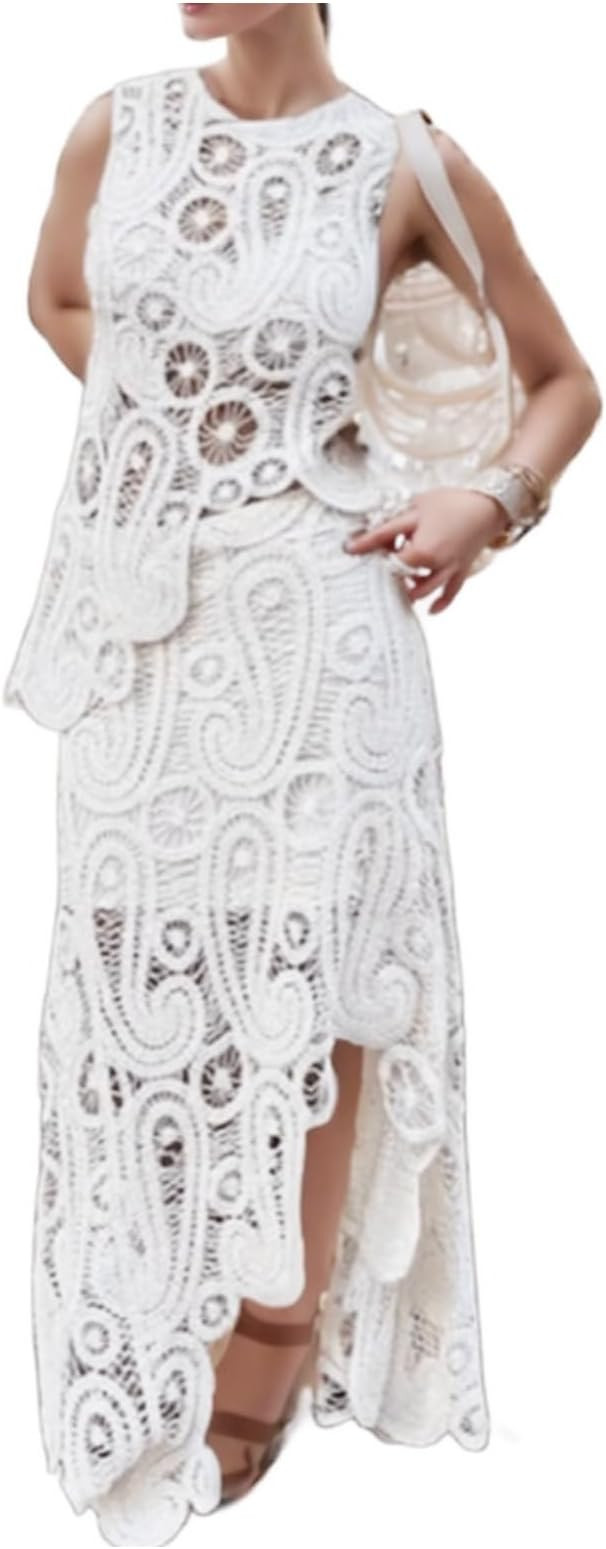 Crochet Dresses for Women Summer Cut Out Two Pieces Skirt Sets Crochet Skirt | Amazon (US)