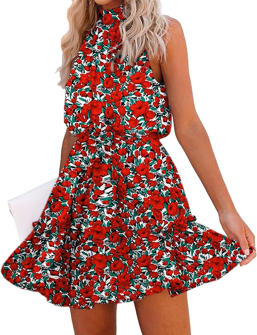 BTFBM Women Floral Dresses Casual Summer Sleeveless Halter Neck Ruffle Belt Boho Polka Dot Leopard P | Amazon (US)