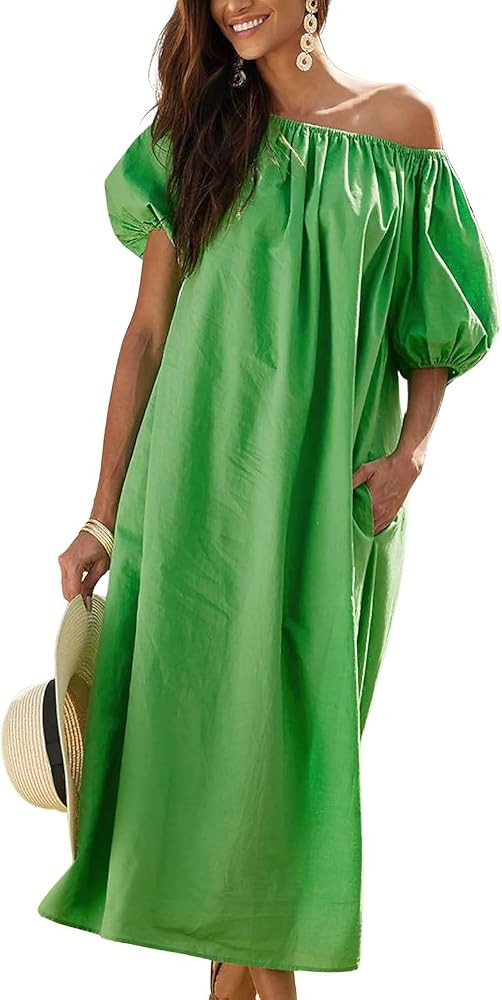 chouyatou Women Summer Beach Boho Puff Sleeve Dress Off Shoulder Casual Long Midi Shift Dress wit... | Amazon (US)