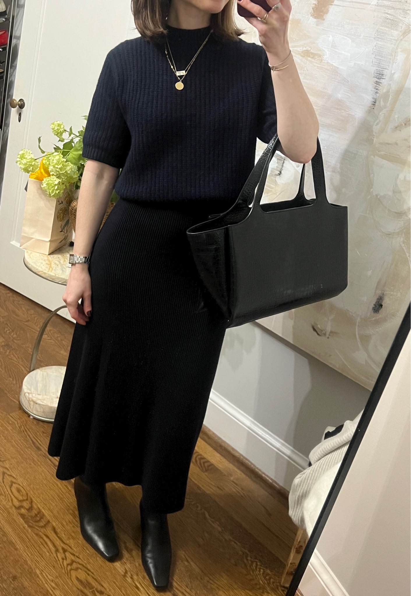 Work outfit of the day
White and Warren cashmere Mockneck in navy. Code MCCOY20 to save 
Sezane Naelle skirt
Remy reformation knee high black boots 

#LTKworkwear #LTKshoecrush